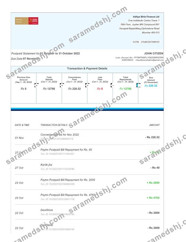 India Aditya Birla Finance Ltd fake bank statement Word and PDF template, 3 pages